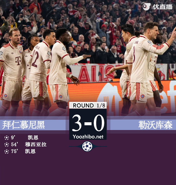 拜仁首回合3-0十人药厂 凯恩双响穆西亚拉破门诺伊尔伤退