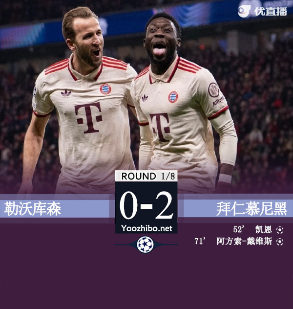 拜仁2-0总比分5-0勒沃库森晋级欧冠8强 凯恩传射建功